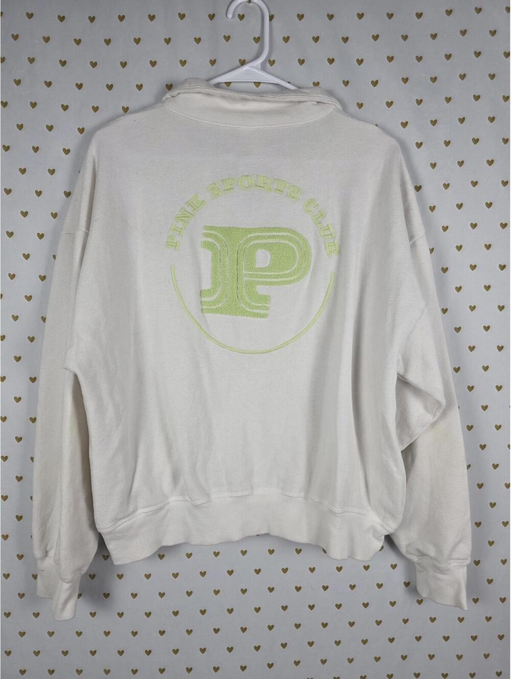 Victorias Secret Pink White Full Zip Neon Green Logo Sweater Jacket MEDIUM